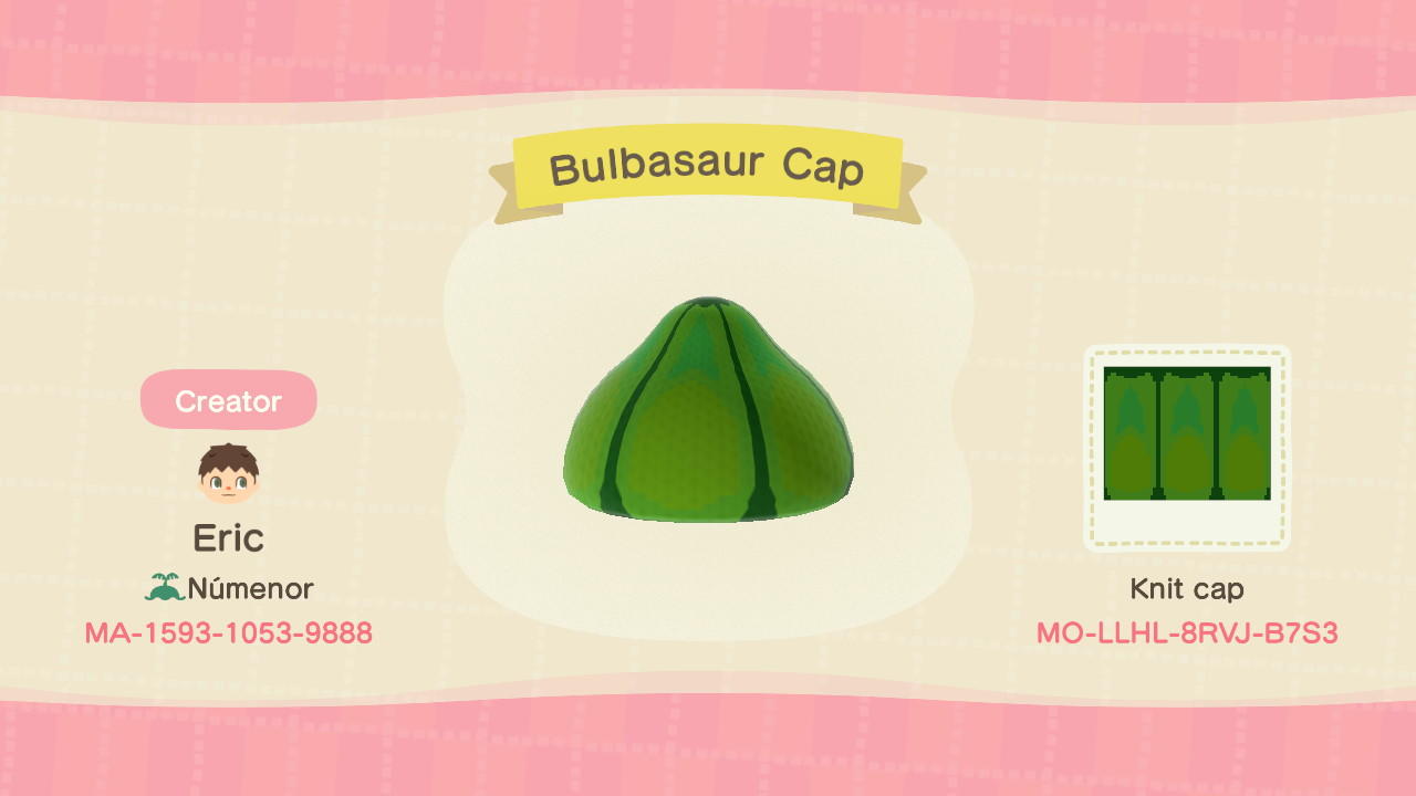 Animal Crossing Design Code: MO-LLHL-8RVJ-B7S3 Bulbasaur Cap
