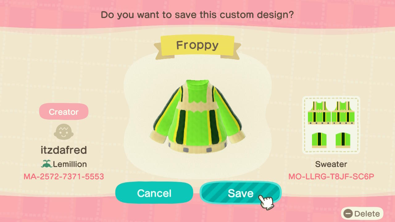 Animal Crossing Design Code: MO-LLRG-T8JF-SC6P Froppy