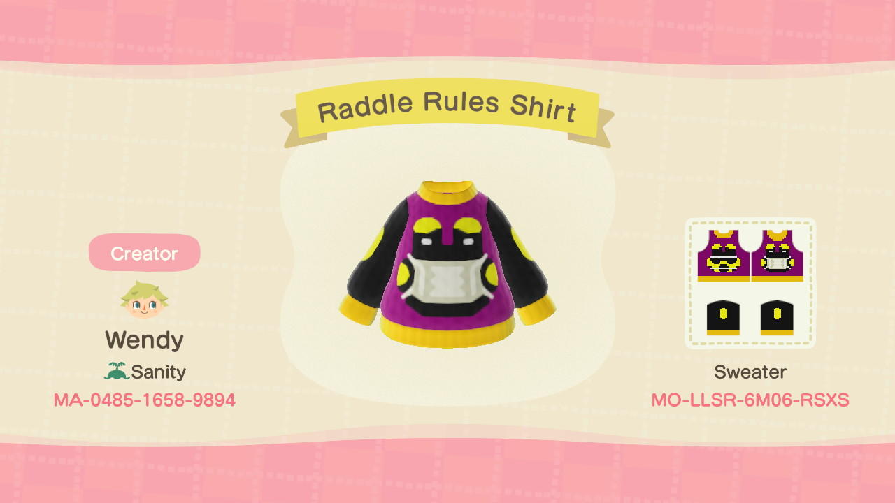 Animal Crossing Design Code: MO-LLSR-6M06-RSXS Raddle Rules Shirt
