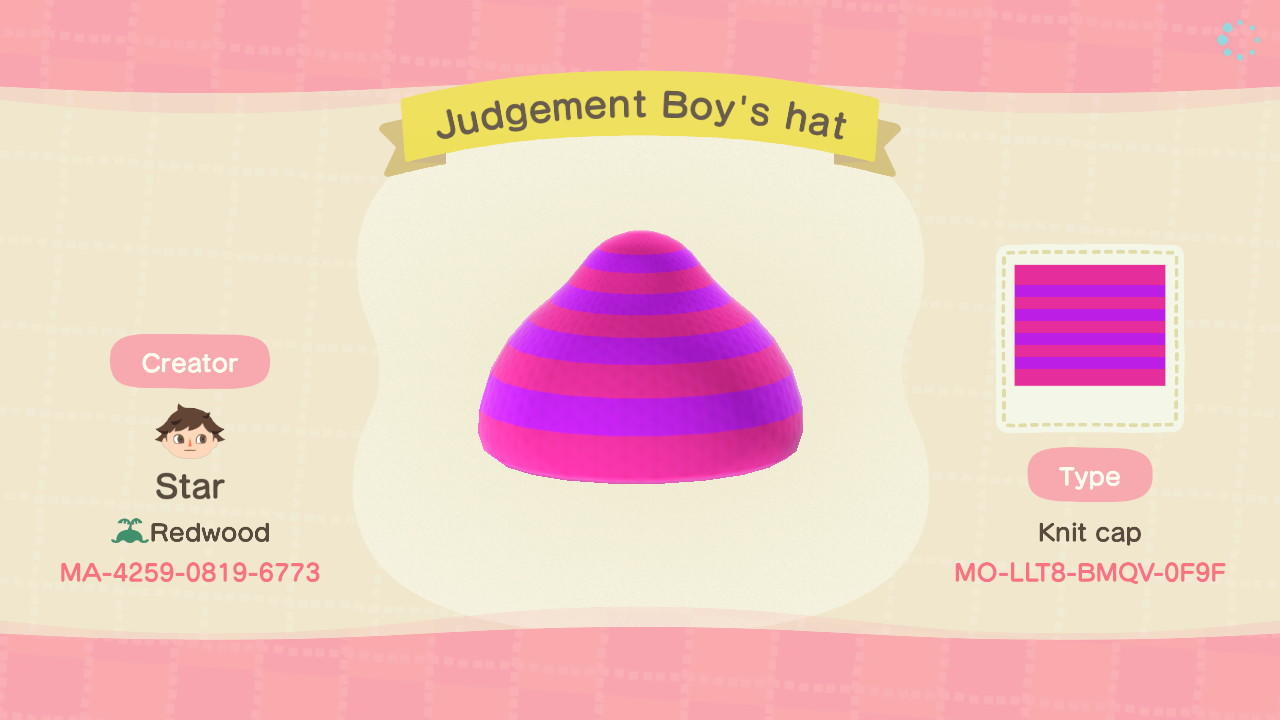 Animal Crossing Design Code: MO-LLT8-BMQV-0F9F Judgement Boy's hat