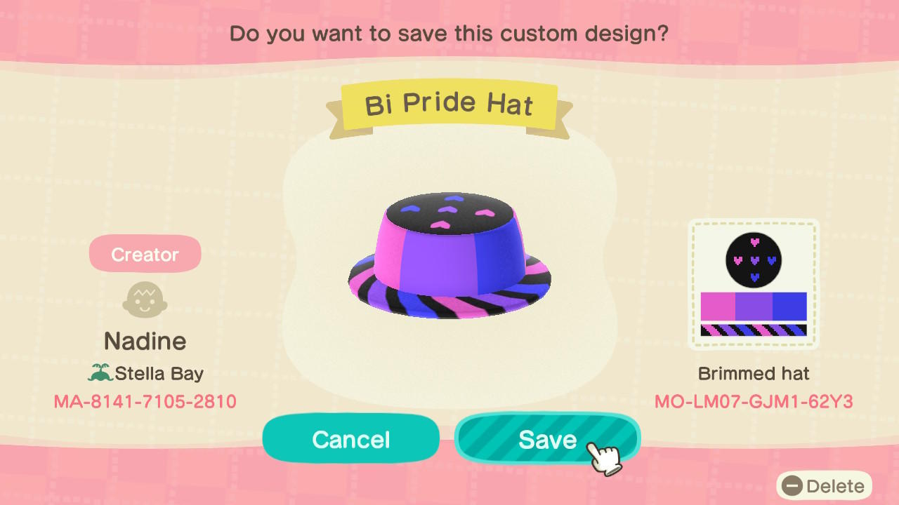 Animal Crossing Design Code: MO-LM07-GJM1-62Y3 Bi Pride Hat