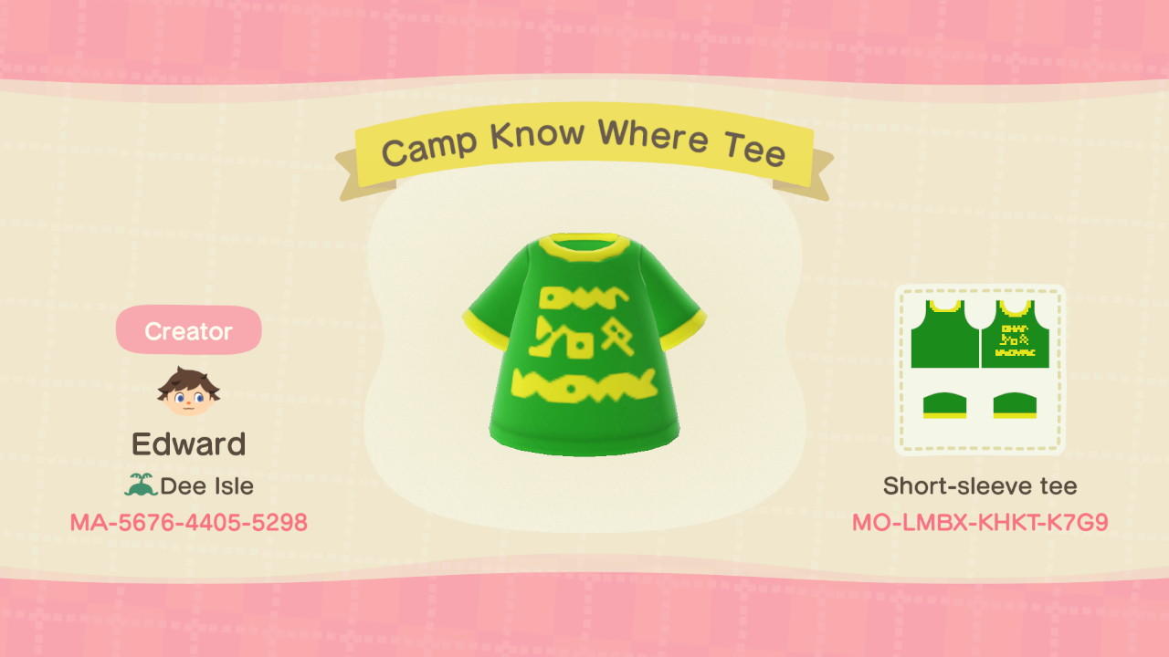Animal Crossing Design Code: MO-LMBX-KHKT-K7G9 Camp Know Where Tee