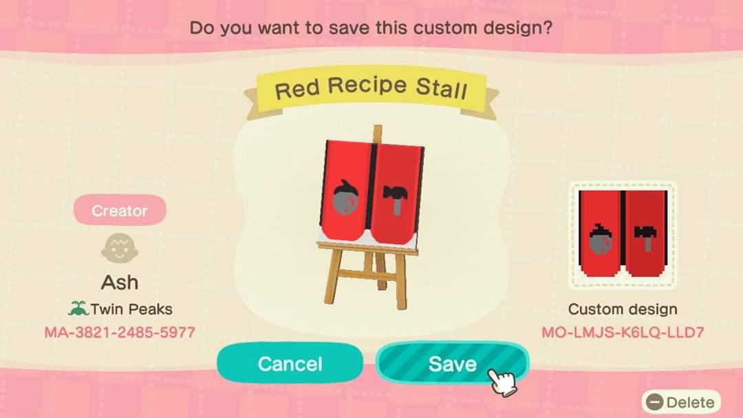 Animal Crossing Design Code: MO-LMJS-K6LQ-LLD7 Red Recipe Stall