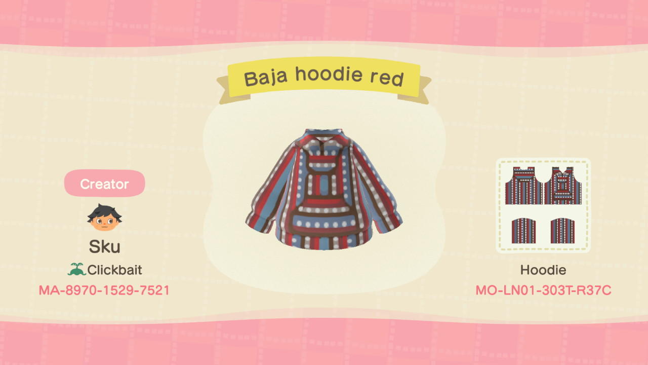 Animal Crossing Design Code: MO-LN01-303T-R37C Baja hoodie red