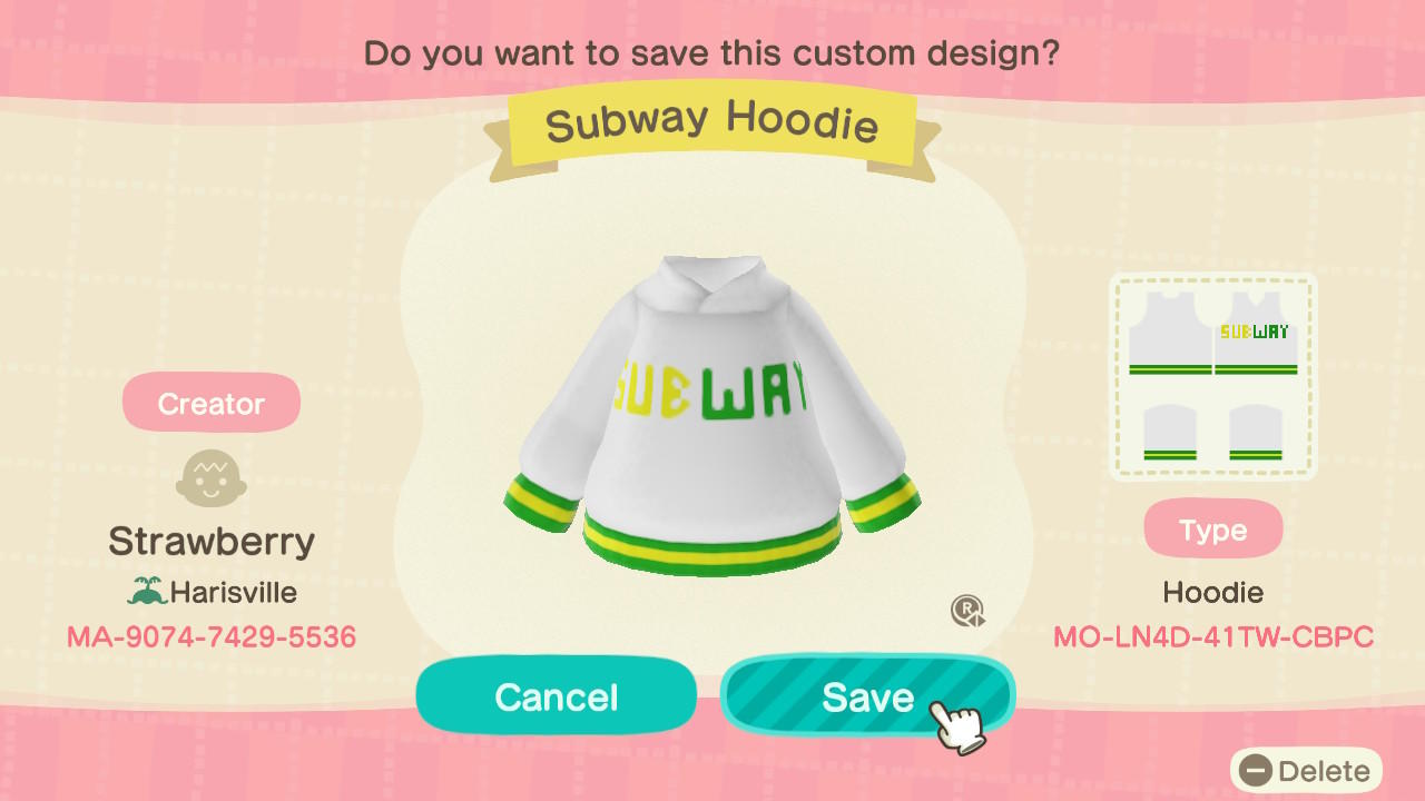 Animal Crossing Design Code: MO-LN4D-41TW-CBPC Subway Hoodie