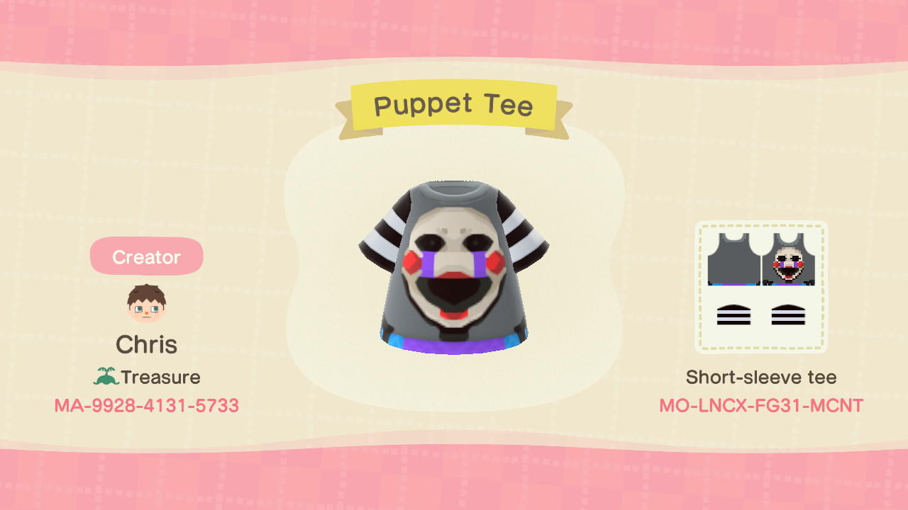 Animal Crossing Design Code: MO-LNCX-FG31-MCNT FNAF Puppet Tee