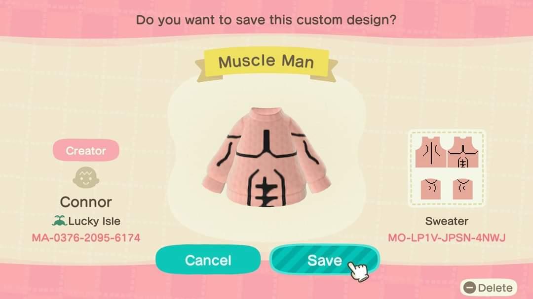 Animal Crossing Design Code: MO-LP1V-JPSN-4NWJ Muscle Man