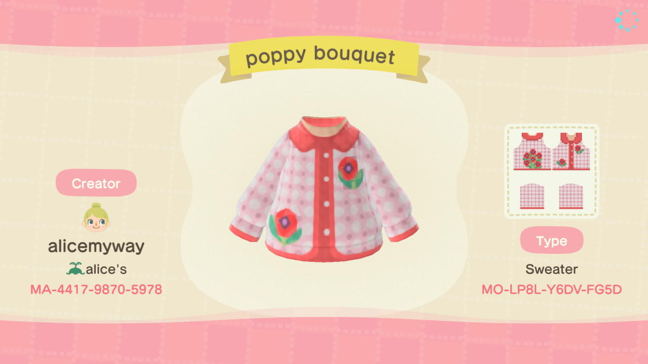 Animal Crossing Design Code: MO-LP8L-Y6DV-FG5D Poppy Cardigan