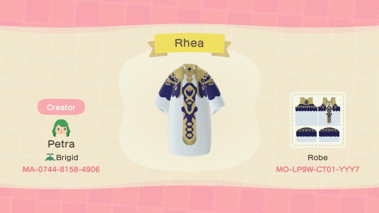 Animal Crossing Design Code: MO-LP9W-CT01-YYY7 Rhea