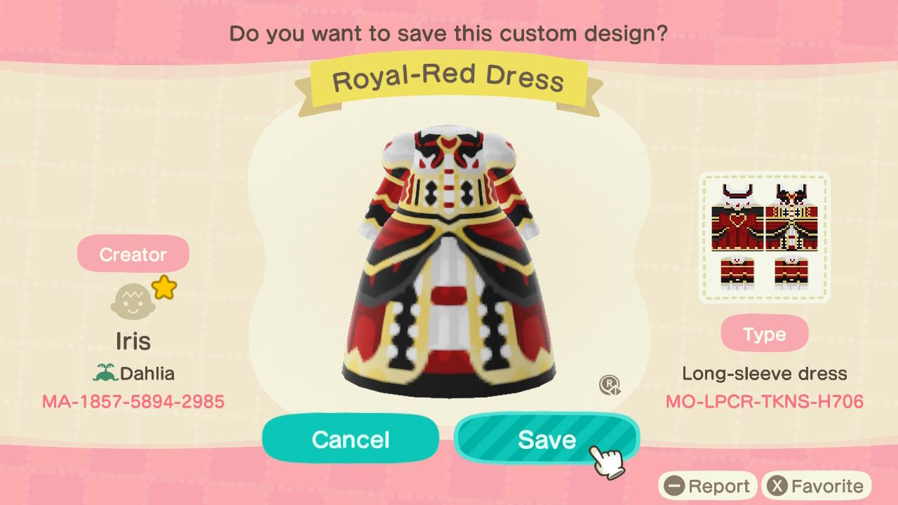 Animal Crossing Design Code: MO-LPCR-TKNS-H706 Royal-Red Dress