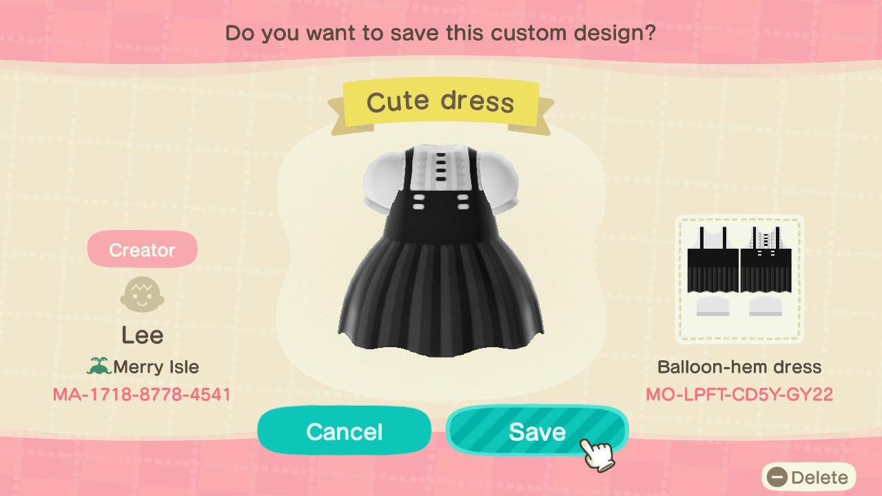 Animal Crossing Design Code: MO-LPFT-CD5Y-GY22 Cute dress