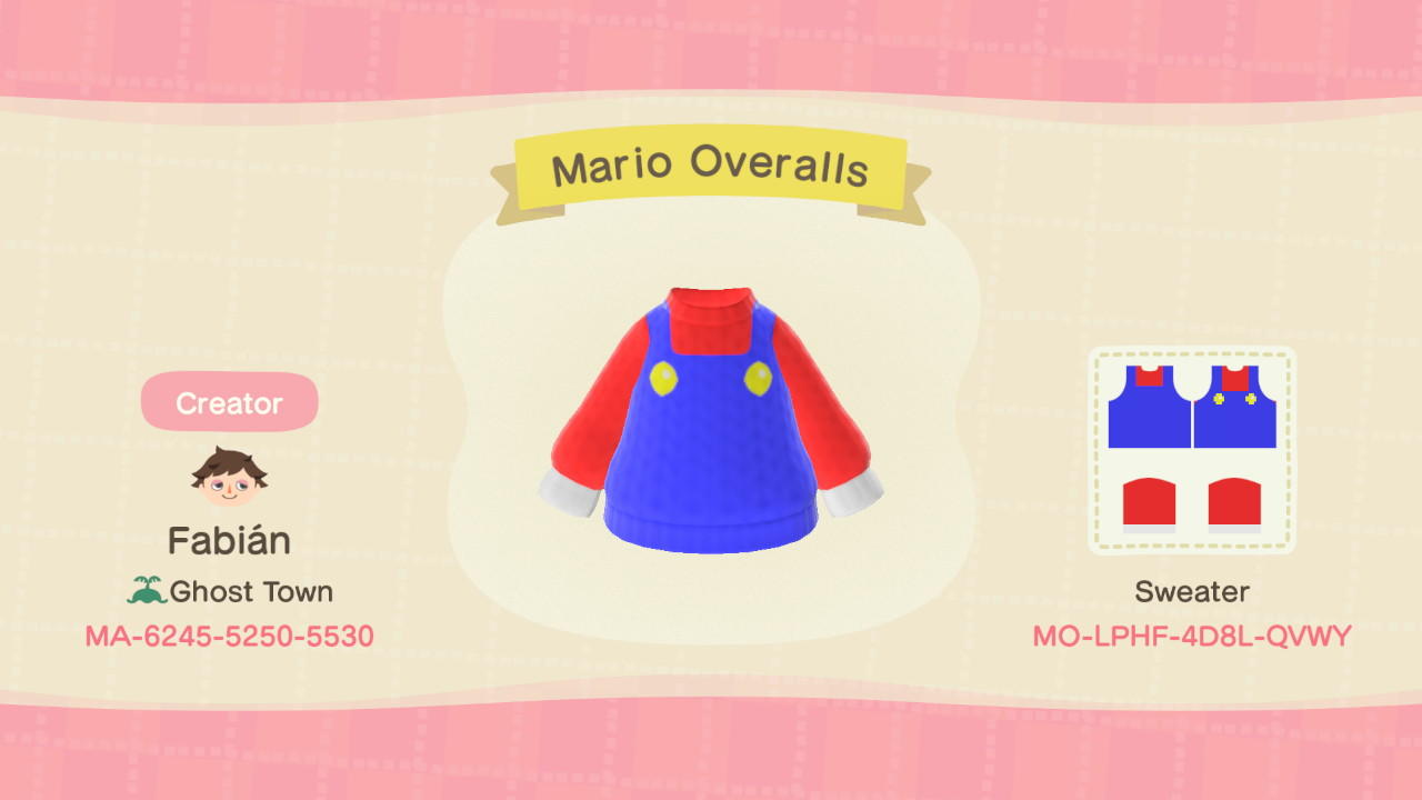 Animal Crossing Design Code: MO-LPHF-4D8L-QVWY Mario Overalls