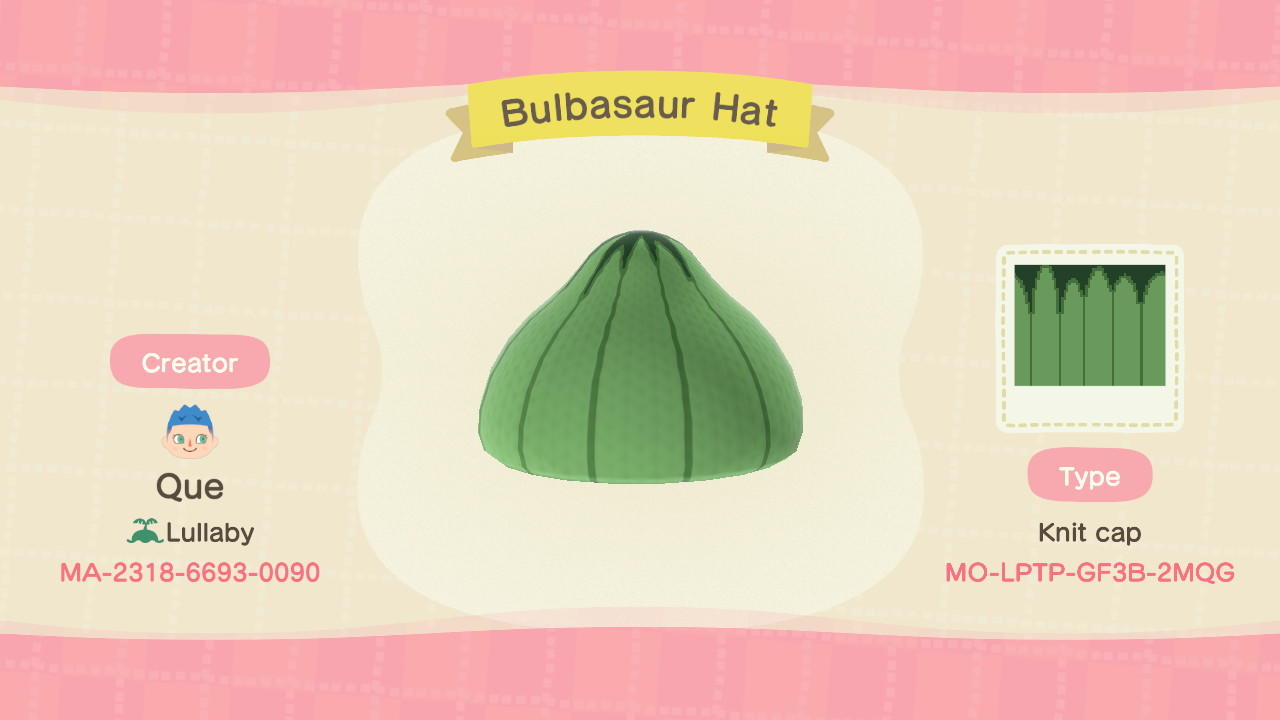 Animal Crossing Design Code: MO-LPTP-GF3B-2MQG Bulbasaur Hat
