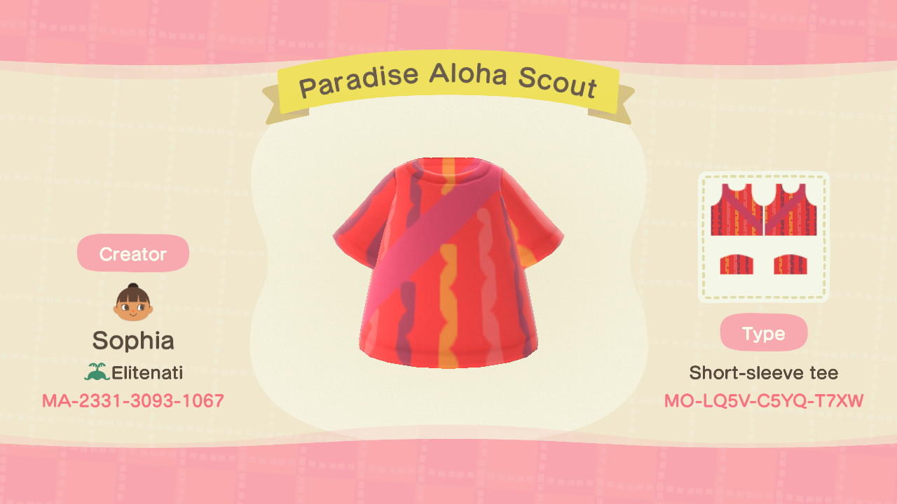 Animal Crossing Design Code: MO-LQ5V-C5YQ-T7XW Paradise Aloha Scout
