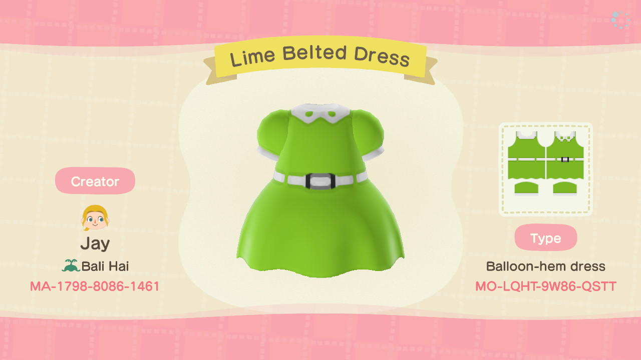 Animal Crossing Design Code: MO-LQHT-9W86-QSTT Lime Belted Dress