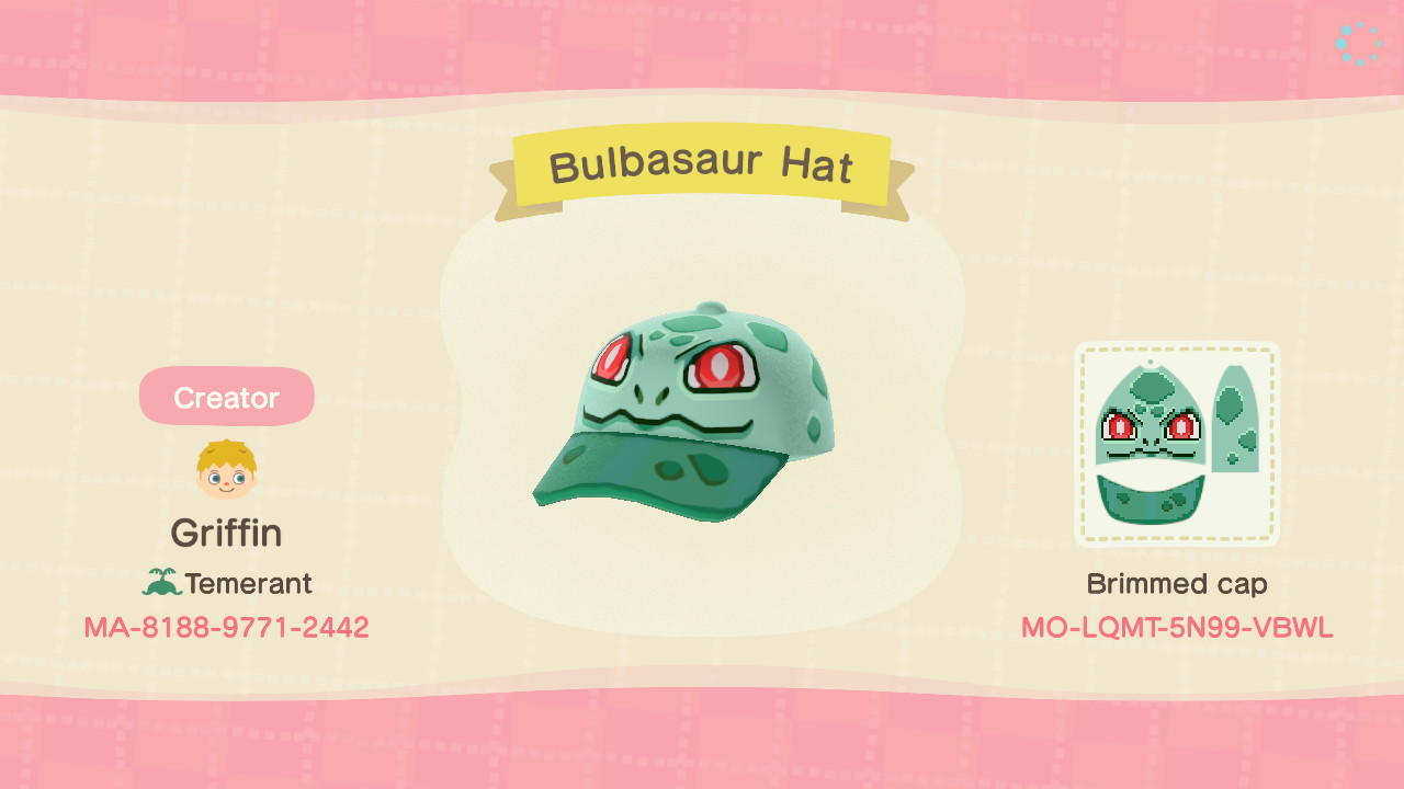 Animal Crossing Design Code: MO-LQMT-5N99-VBWL Bulbasaur Hat