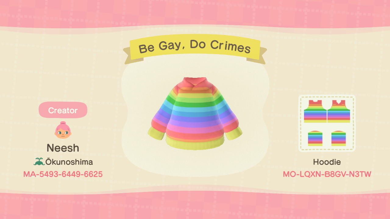 Animal Crossing Design Code: MO-LQXN-B8GV-N3TW Be Gay, Do Crimes