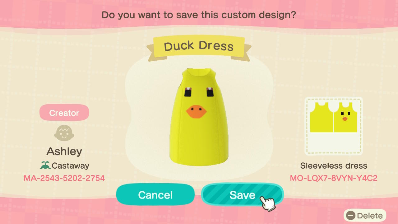 Animal Crossing Design Code: MO-LQXY-8VYN-Y4C2 Duck Dress