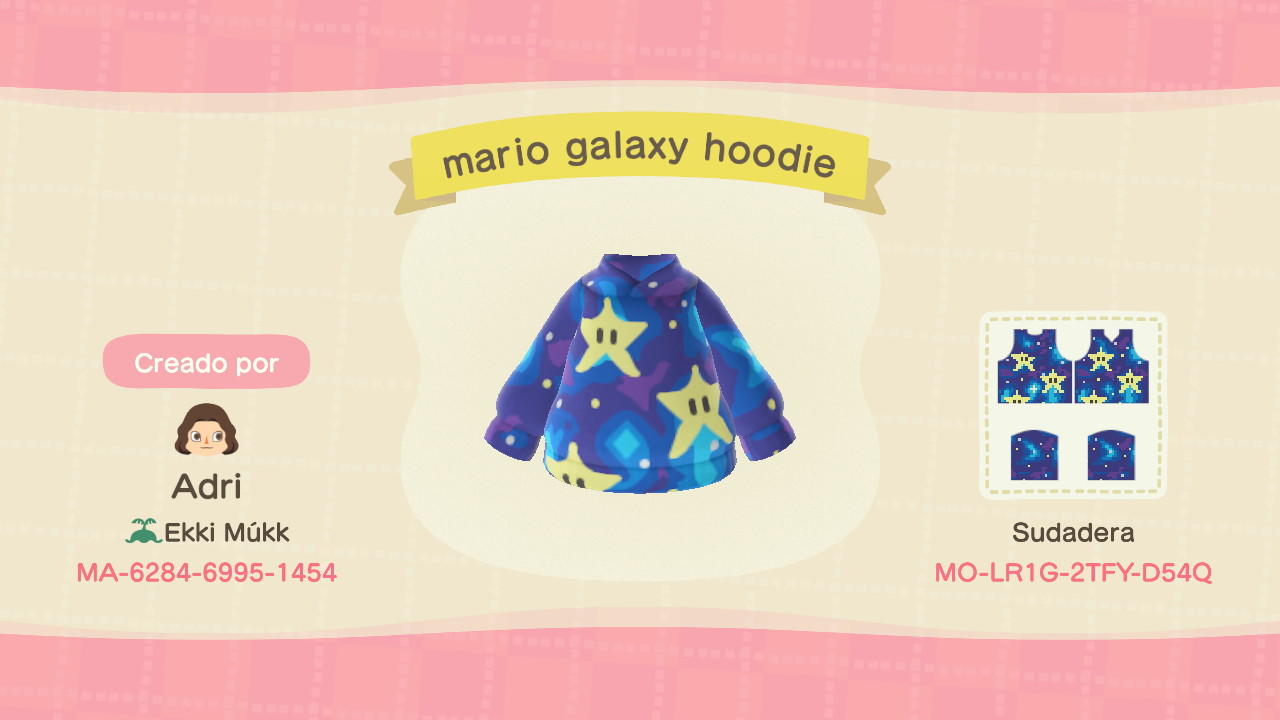 Animal Crossing Design Code: MO-LR1G-2TFY-D54Q Mario Galaxy Hoodie