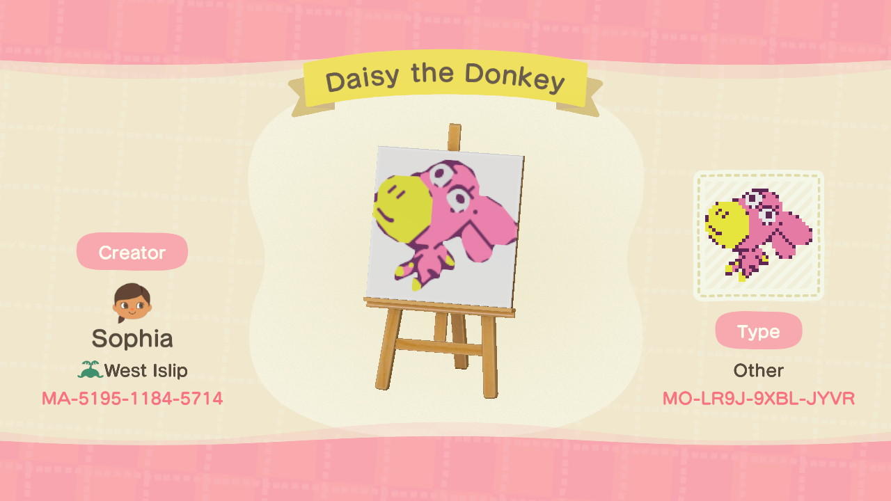 Animal Crossing Design Code: MO-LR9J-9XBL-JYVR Daisy the Donkey