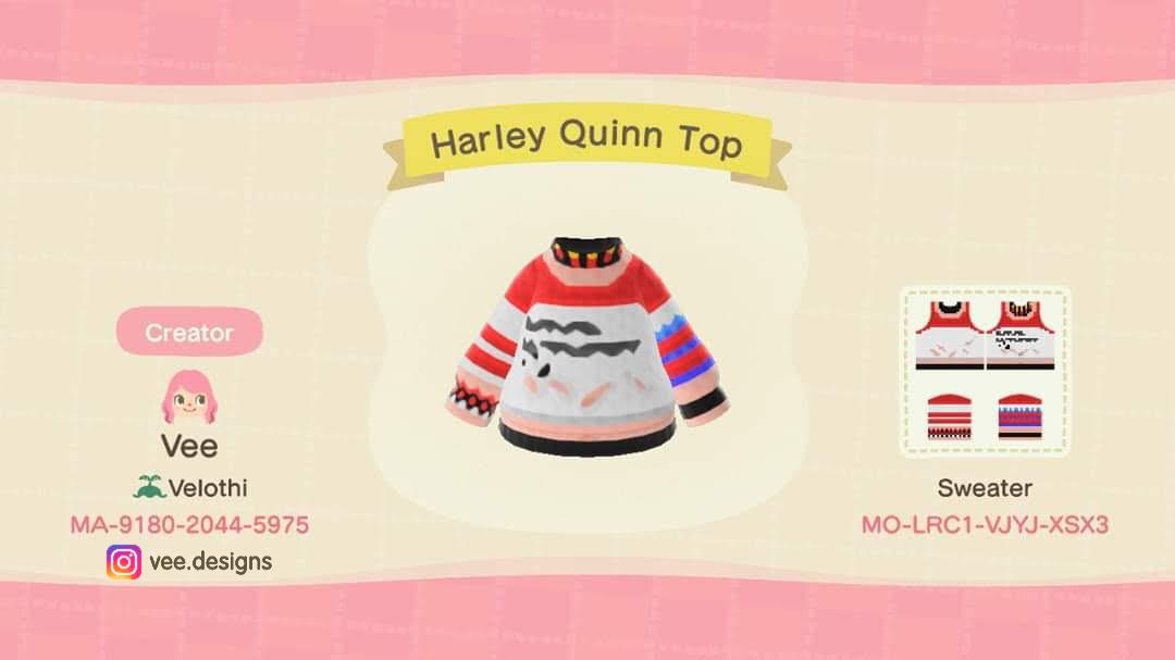 Animal Crossing Design Code: MO-LRC1-VJYJ-XSX3 Harley Quinn Top