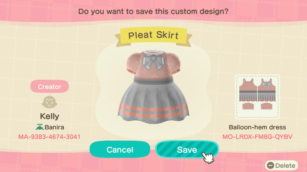 Animal Crossing Design Code: MO-LRDX-FM8G-QYBV Pleated Skirt Dress