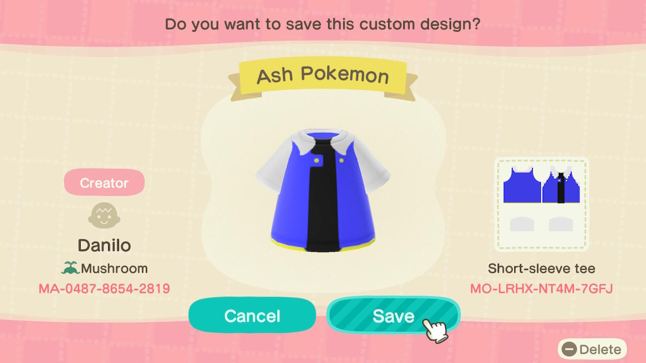 Animal Crossing Design Code: MO-LRHX-NT4M-7GFJ Ash Pokémon