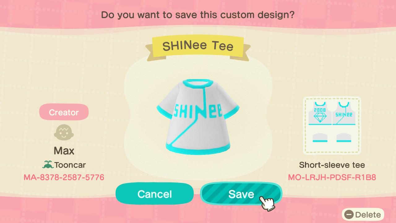 Animal Crossing Design Code: MO-LRJH-PDSF-R1B8 SHINee Tee