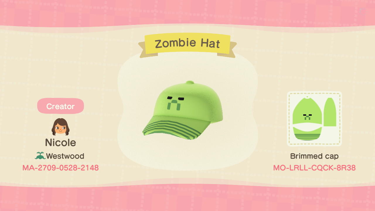 Animal Crossing Design Code: MO-LRLL-CQCK-8R38 Zombie Hat