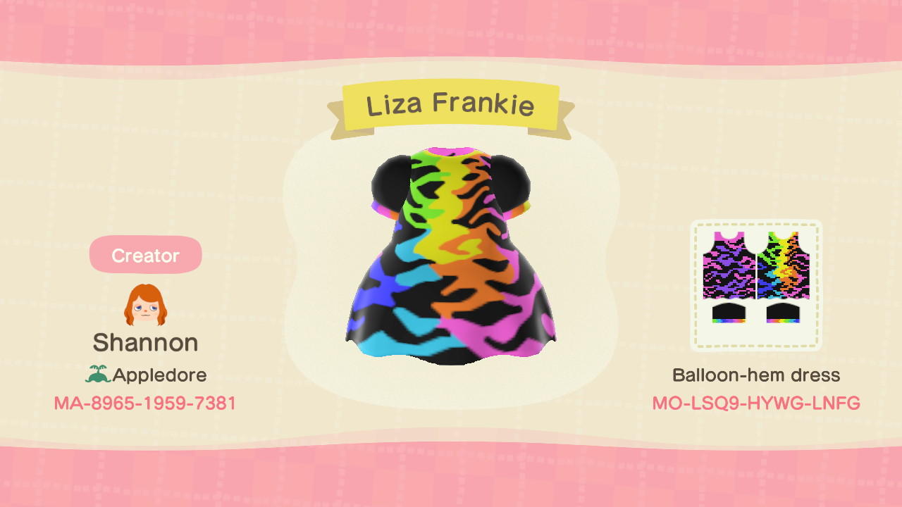 Animal Crossing Design Code: MO-LSQ9-HYWG-LNFG Liza Frankie