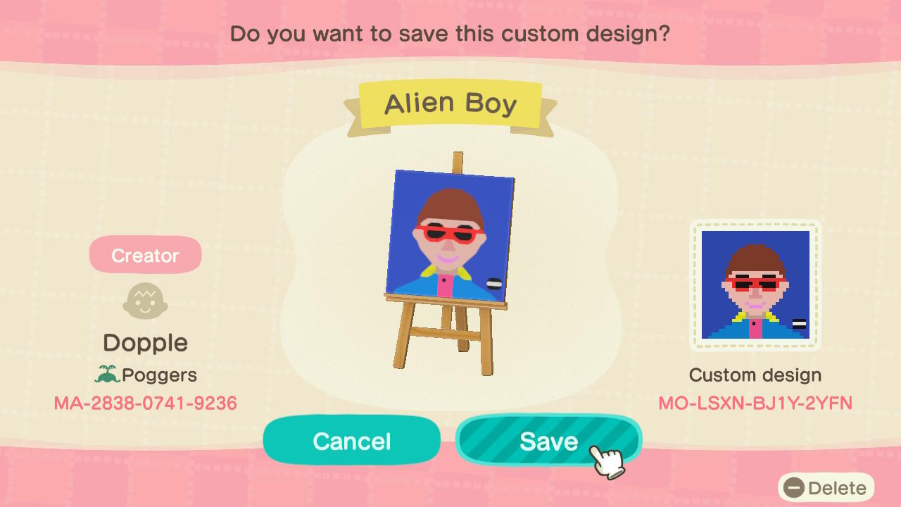 Animal Crossing Design Code: MO-LSXN-BJ1Y-2YFN Alien Boy