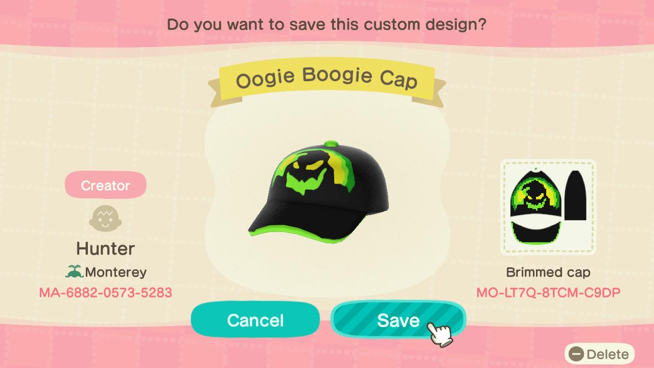 Animal Crossing Design Code: MO-LT7Q-8TCM-C9DP Oogie Boogie Cap