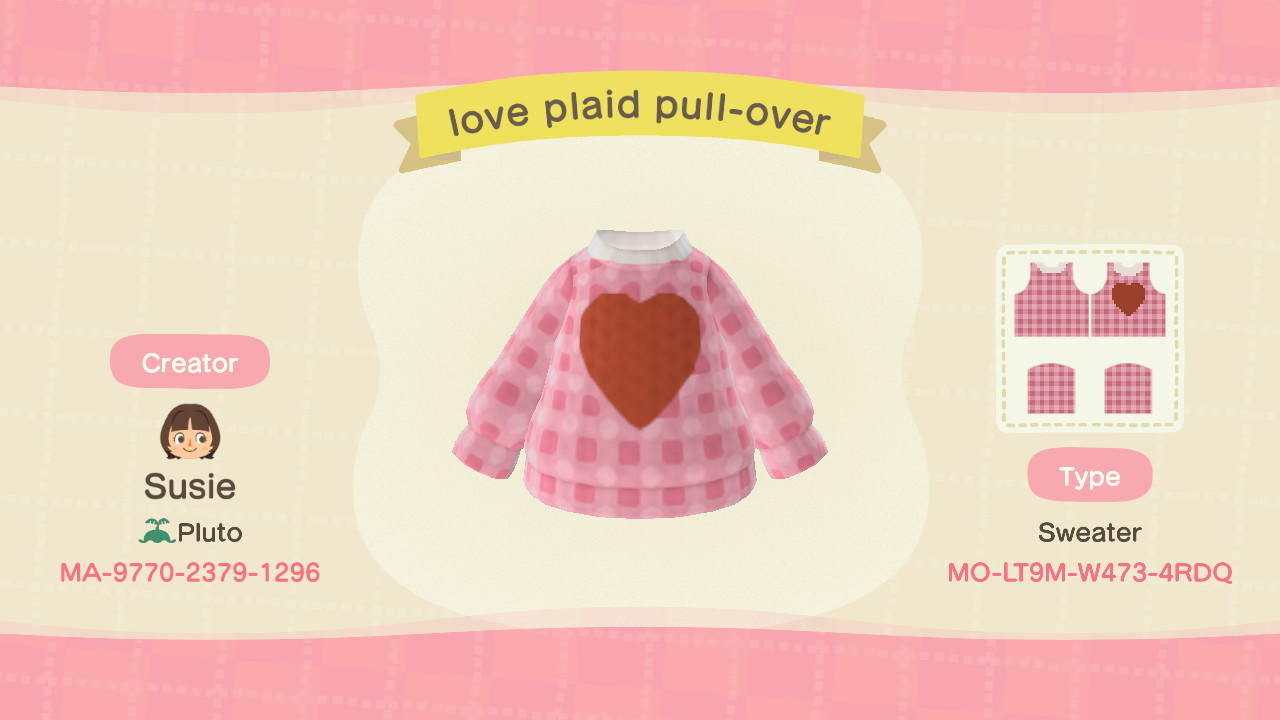 Animal Crossing Design Code: MO-LT9M-W473-4RDQ love plaid pull-over