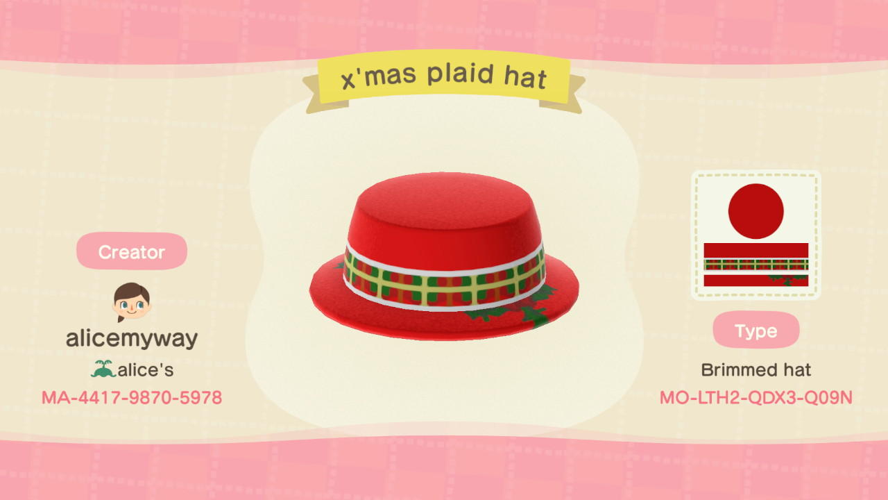 Animal Crossing Design Code: MO-LTH2-QDX3-Q09N Christmas plaid hat