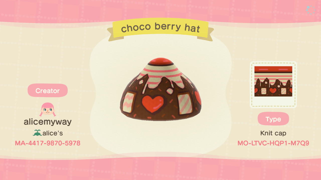 Animal Crossing Design Code: MO-LTVC-HQP1-M7Q9 Choco-Berry Hat