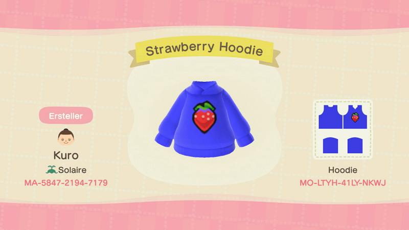 Animal Crossing Design Code: MO-LTYH-41LY-NKWJ Strawberry Hoodie