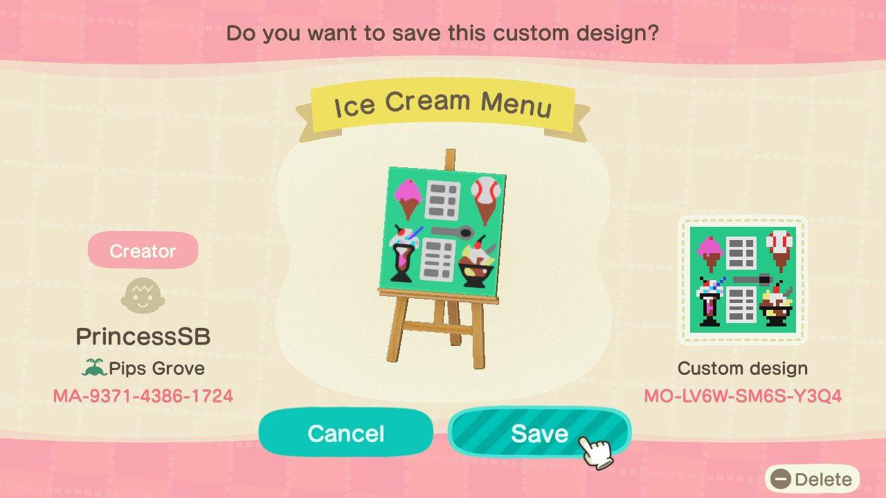 Animal Crossing Design Code: MO-LV6W-SM6S-Y3Q4 Ice Cream Menu