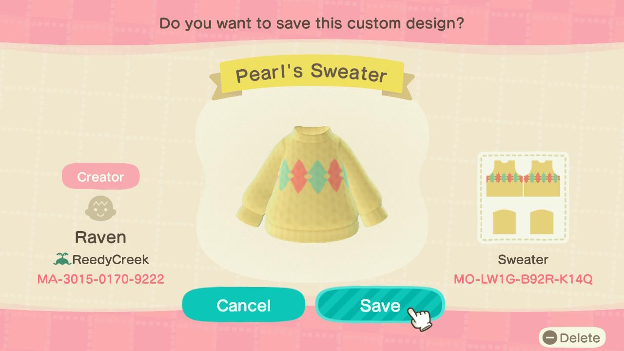 Animal Crossing Design Code: MO-LW1G-BO2R-K14Q Pearl&#39;s Sweater