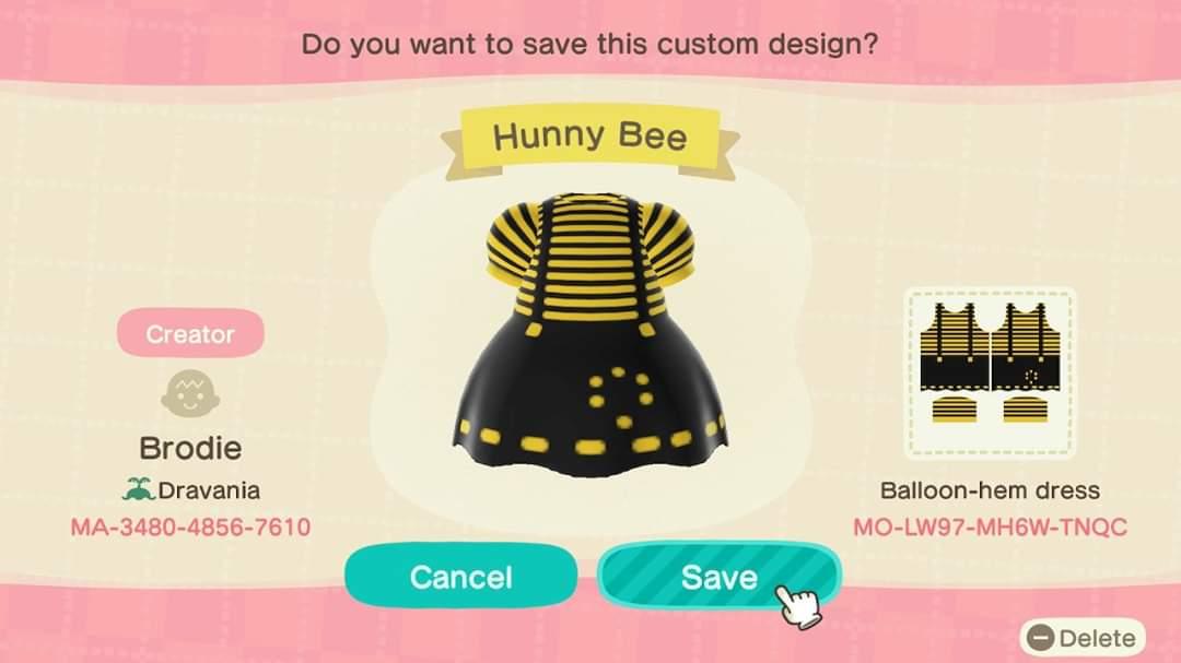 Animal Crossing Design Code: MO-LW97-MH6W-TNQC Hunny Bee