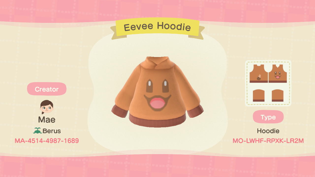 Animal Crossing Design Code: MO-LWHF-RPXK-LR2M Eevee Hoodie