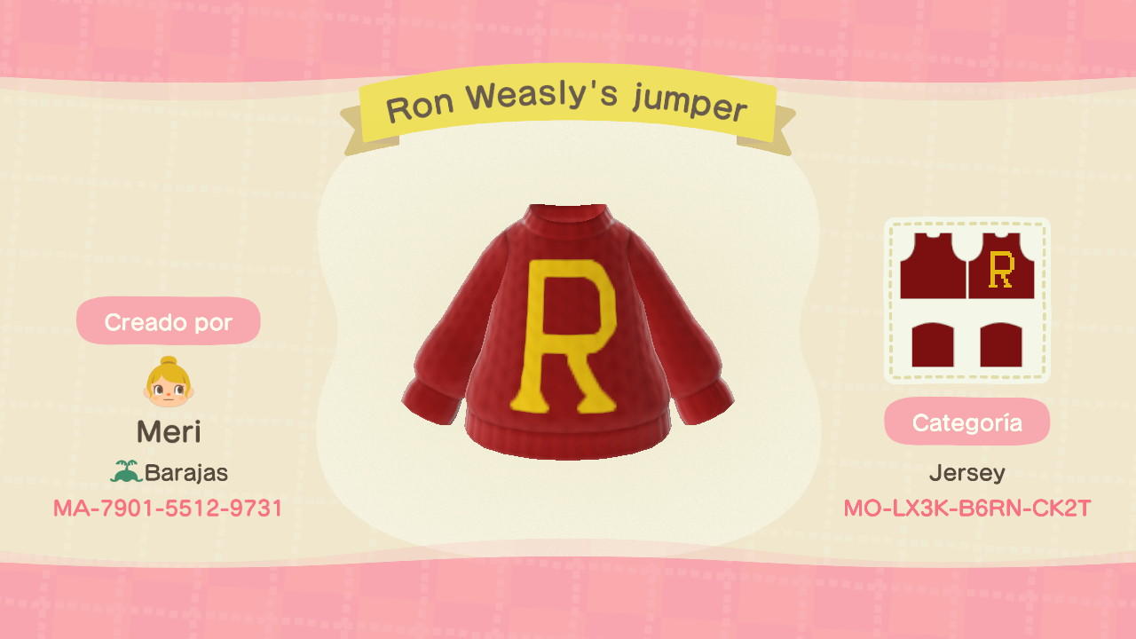 Animal Crossing Design Code: MO-LX3K-B6RN-CK2T Ron Weasly's jumper