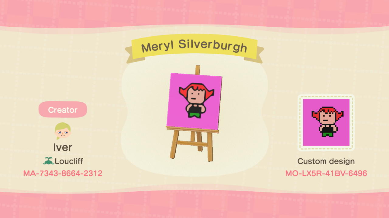 Animal Crossing Design Code: MO-LX5R-41BV-6496 Meryl Silverburgh