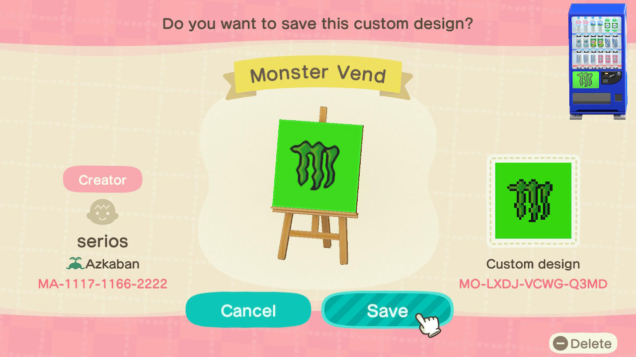 Animal Crossing Design Code: MO-LXDJ-VCWG-Q3MD Monster Drink Green