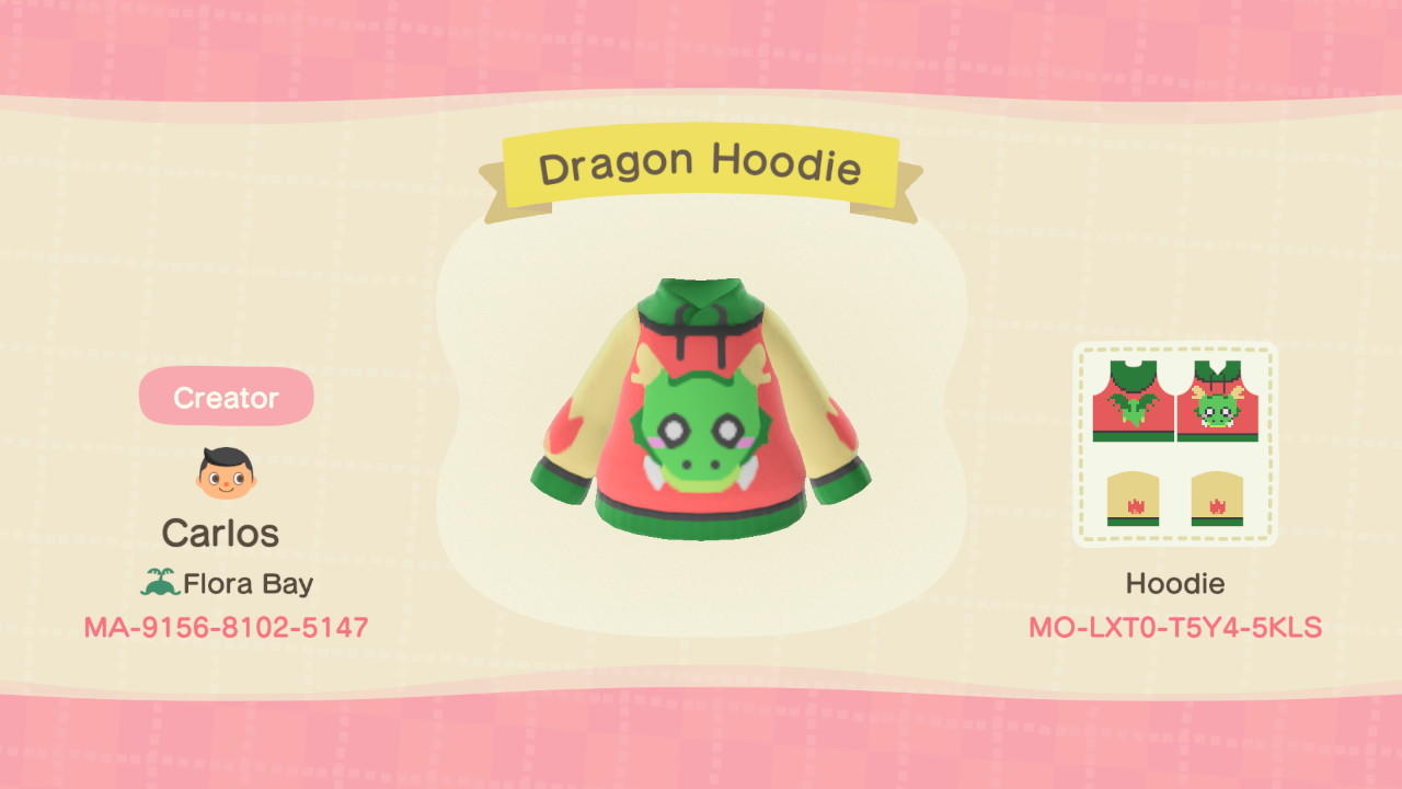 Animal Crossing Design Code: MO-LXT0-T5Y4-5KLS Dragon Hoodie
