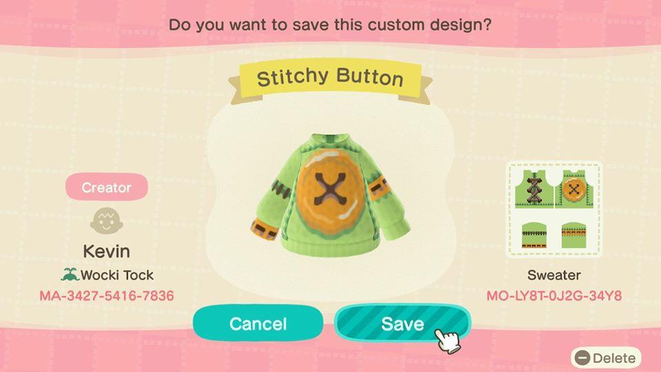 Animal Crossing Design Code: MO-LY8T-0J2G-34Y8 Stitchy Button