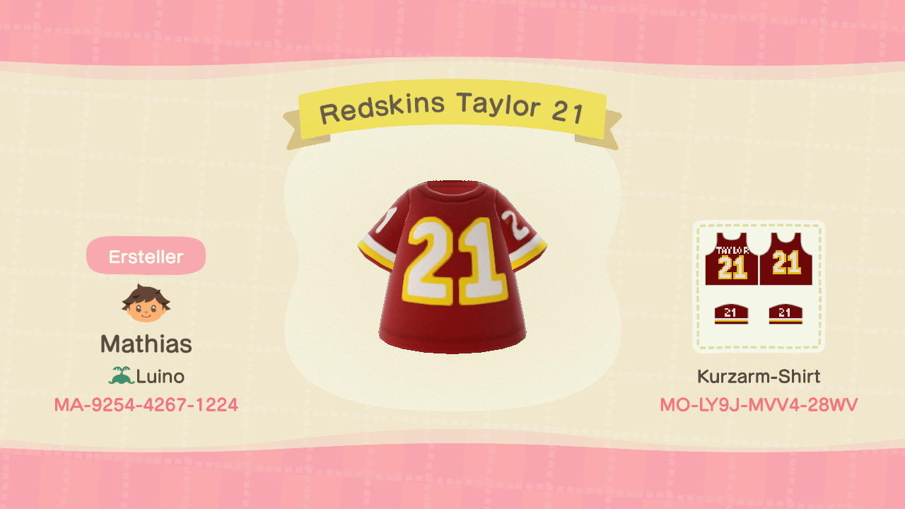Animal Crossing Design Code: MO-LY9J-MVV4-28WV Redskins Taylor 21