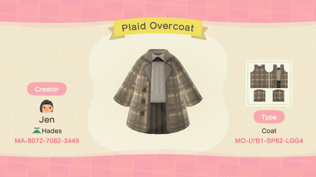 Animal Crossing Design Code: MO-LYB1-SP62-LGG4 Plaid Overcoat