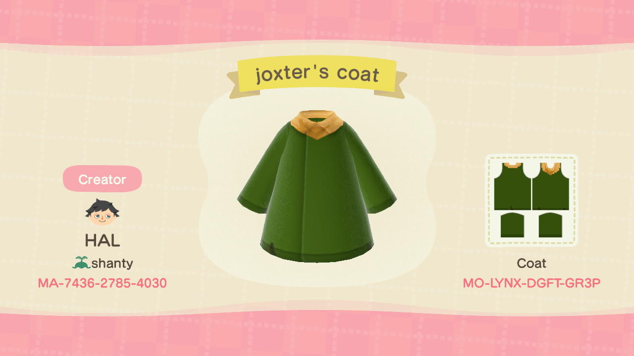Animal Crossing Design Code: MO-LYNX-DGFT-GR3P joxter&#39;s coat