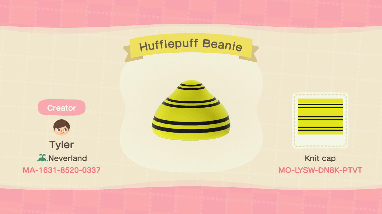 Animal Crossing Design Code: MO-LYSW-DN8K-PTVT Hufflepuff Beanie