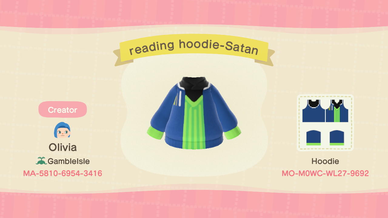 Animal Crossing Design Code: MO-M0WC-WL27-9692 reading hoodie-Satan